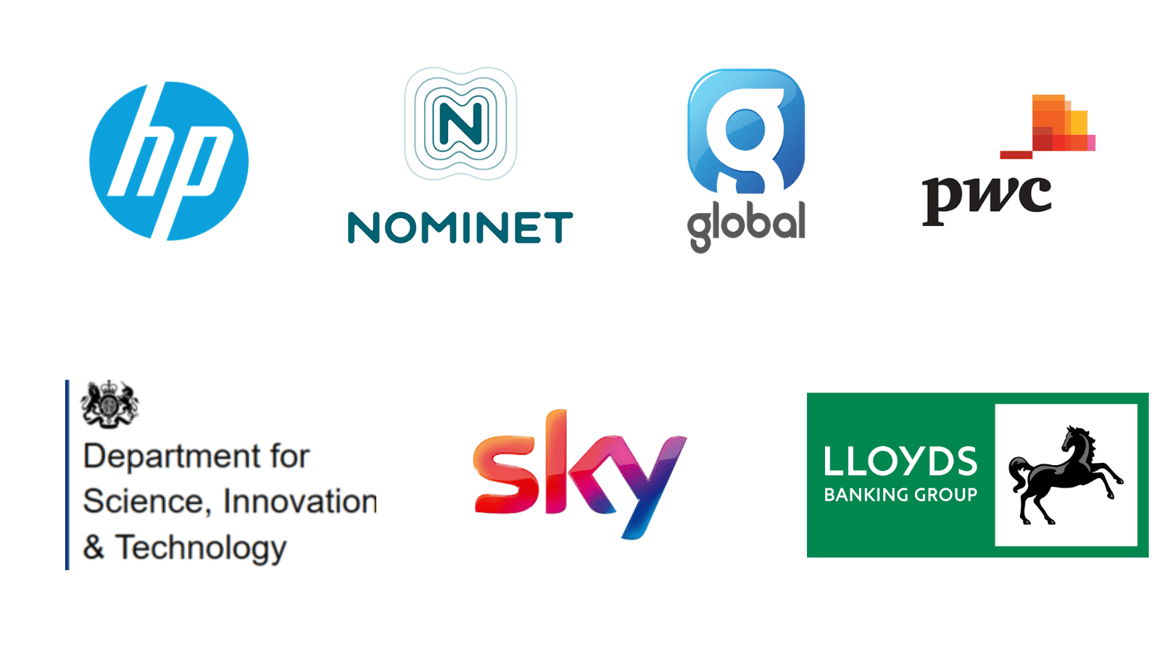 Tech Talent Charter Principal Partner graphic. Including HP, Nominet, Global, PWC, DSIT, SKY and Lloyds banking group company logos.